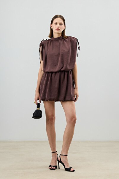 Antioch Coffee Shoulder Ruched Women's Dress