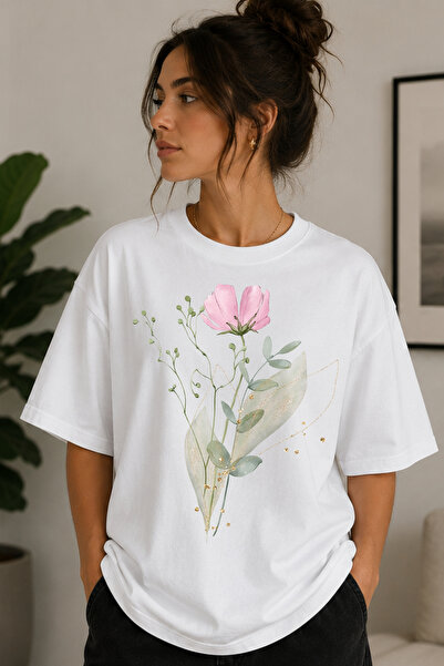 Büşra Çetin Floral Pattern Women's T-Shirt, 100% Cotton Unisex Oversized Cott...