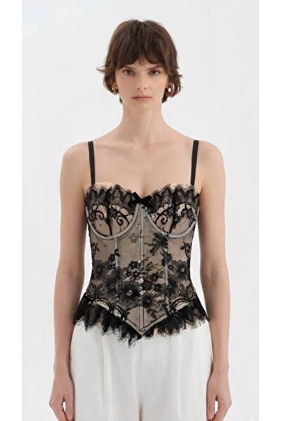 tw3 Women's Corset with Covered Bust and Underwire, Lace Fabric Detailed Design
