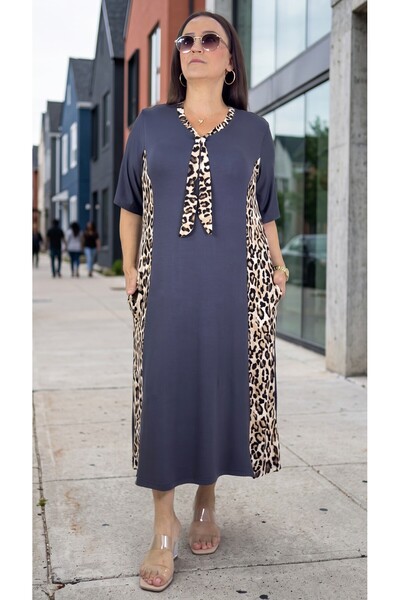 yagmurberen Leopard Printed Pocketed Full Lycra V-Neck Plus Size Cotton Visco...