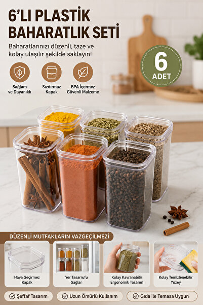 Comprox 6-Piece Plastic Spice Container Set Transparent Square Spice Storage ...