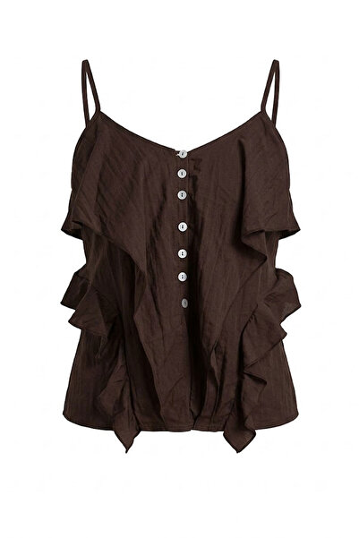 KECHİ WOMAN Button Detail Strap Crop Top Bitter Brown
