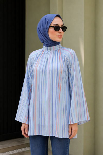 bellura Hakim Yaka Çizgili Astarlı Oversize Vual Tunik