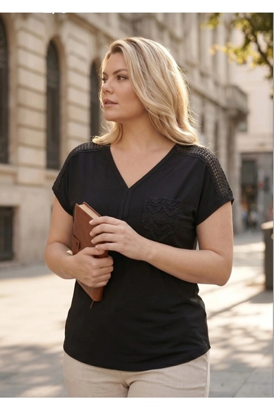 PARKDERİN Plus Size Soft Textured Bluz with Shoulder and Pocket Laces