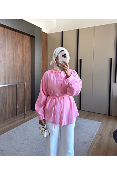 ensade Women's Summer Belted Oversize Shirt Long Sleeve Buttoned Hijab Shirt ...