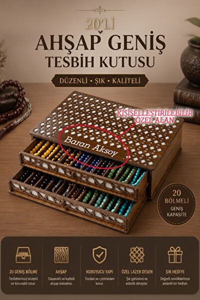 kutuTR Bölmeli Ahşap Geniş Tesbih Kutusu Kişiye Özel İsim Yazılı Çekmeceli Te...