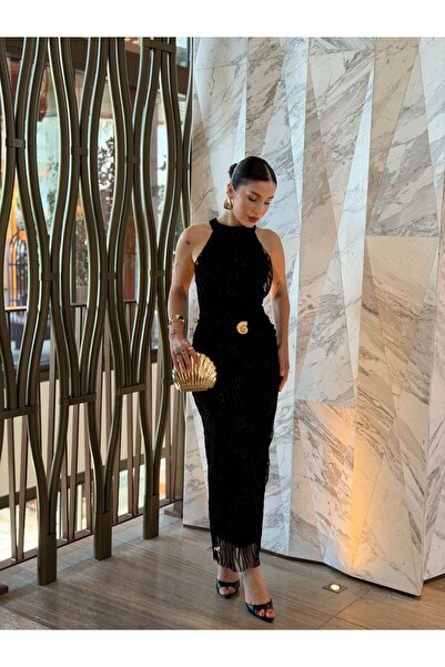 YK FASHION Işıltılı Toka Detaylı Elbise