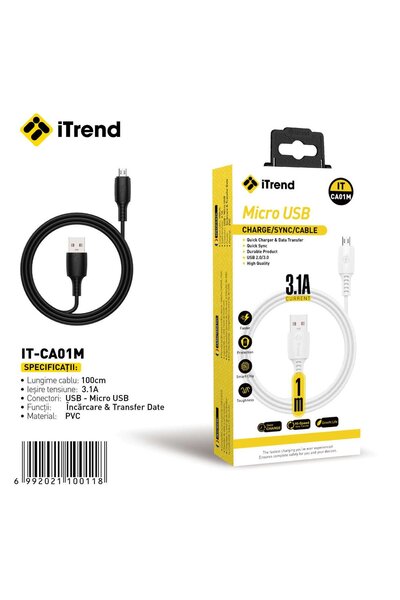 itrend Cablu USB-A la Micro USB iTrend, 1 m, Încărcare Rapidă 3.1A, PVC, Negru