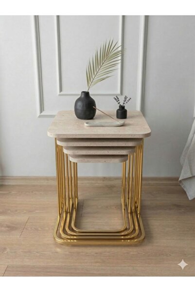 Zigon 4LÜ TEKERLEKLİ GOLD METAL TRAVERTEN TABLA ZİGON&YAN SEHPA