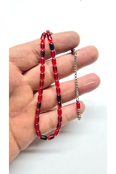 4x7 mm Kapsül Kesim Kırmızı-Siyah Ateş Kehribar Mini Tesbih Erkek Tesbihi