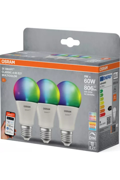 Osram 3 Becuri LED RGB inteligente SMART+ Matter prin WiFi Clasic Multicolor ...