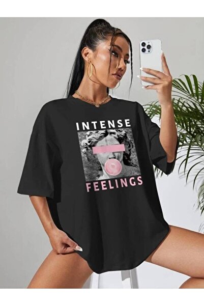 JANTIL MODA Black Women's Oversize Cut Printed Long Tunic T-Shirt - Crew Neck