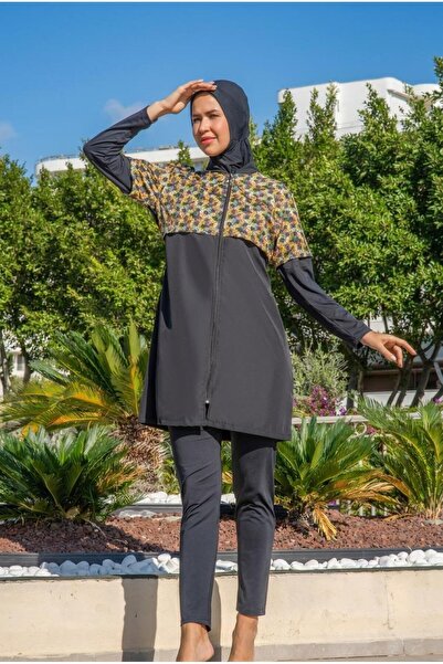 Ruko Maio Women's Long Sleeve Cropped Zippered Black Hijab Swimsuit C4T0N362-1