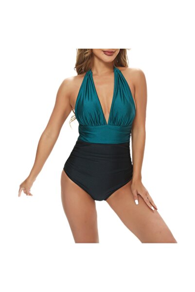 beach Women's one-piece swimsuit with tummy control, push-up, ruched, dark gr...