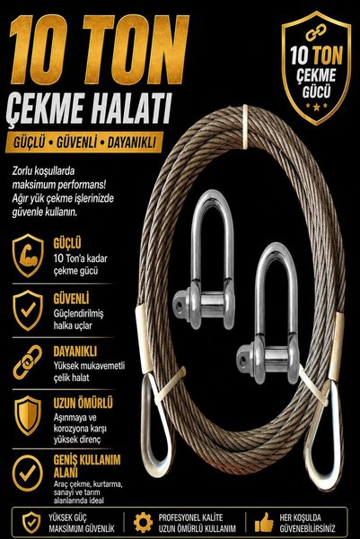 PADRİ Çantalı 3 Metre Araç Çekme Halatı 10 Ton Çelik Çekme Halatı