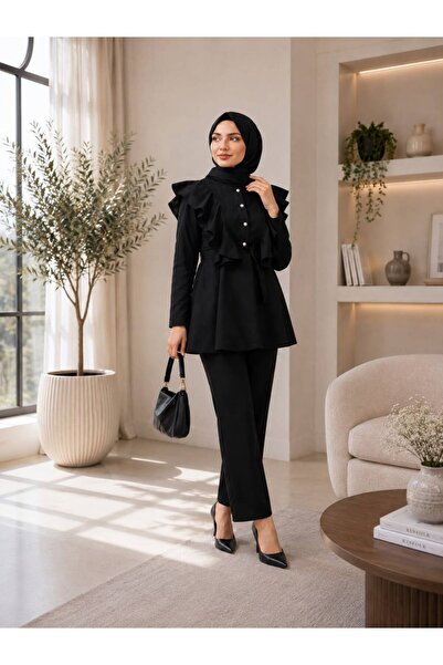 önerS Ruffle Detailed Buttoned Hijab Top-Bottom Two-Piece Set