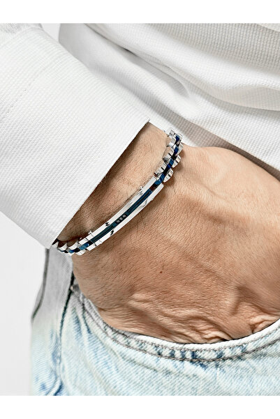 FERRO Silver and Navy Blue Steel Men's Bracelet Frj10196A-L 2 Year Warranty G...