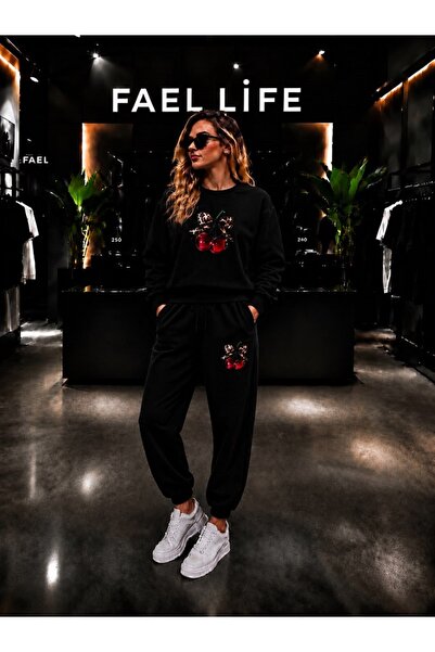 FAEL LİFE Unisex Wide Cut Zero Neck and Sweatpants Set with Cherry Ribbon Print