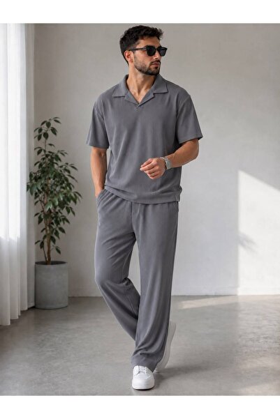khufu Trend Men's Smoke Gray Ottoman Patched T-Shirt Baggy Bottom Top Set