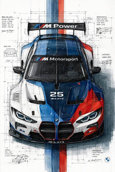 ÖZ DİGİTAL BMW M4 GT3 Teknik Çizim Poster – M Motorsport Duvar Dekoru OZRETRO5