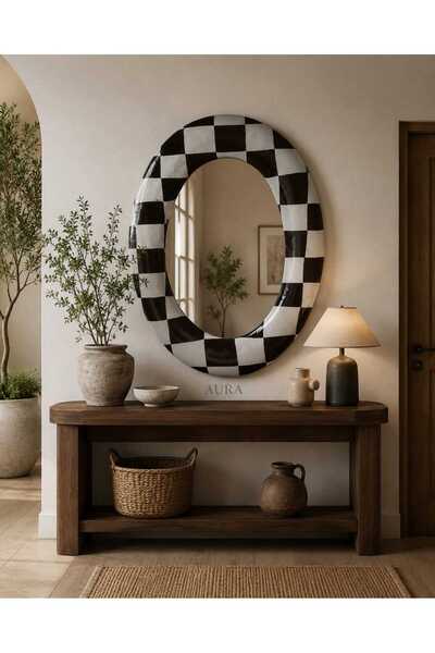 Handmade AURA Damalı Tasarım Oval Duvar Aynası