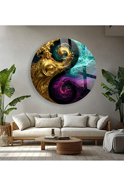 TAULART TABLIE DE STICLĂ INFRICOȘĂBILĂ, ROTUNDĂ, ABSTRACTĂ, YIN YANG, AUR, TU...