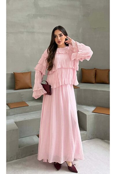 Sole 26Y4375 TAKIM BLUZ ETEK FIRFIRLI KATLI PEMBE