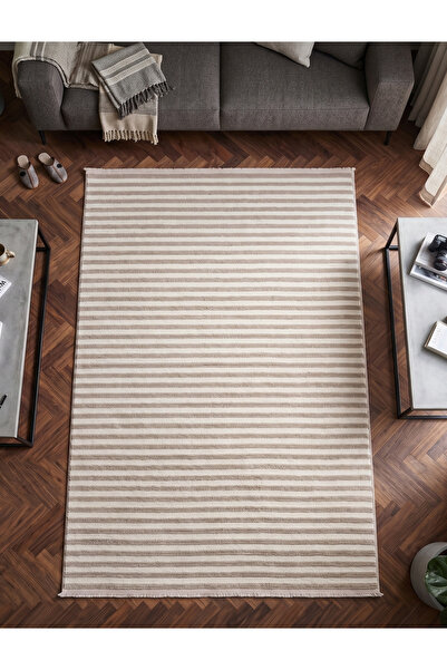 Merinos Octavia Serisi Vizon-Krem Minimal Çizgili Halı Modern Bukleli Anti Ba...