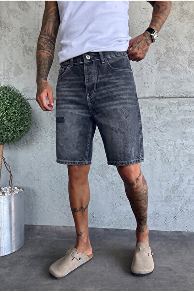 MADZEYMODA Men's Ripped Detailed Black Jean Shorts Ke-1209