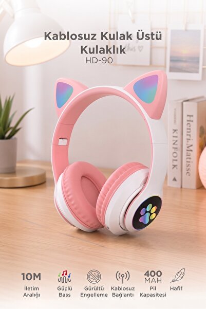 Başkenttekno Bluetooth Kulaklık Kulak Üstü Kedi Tasarımlı Kablosuz Kulaklık HD90
