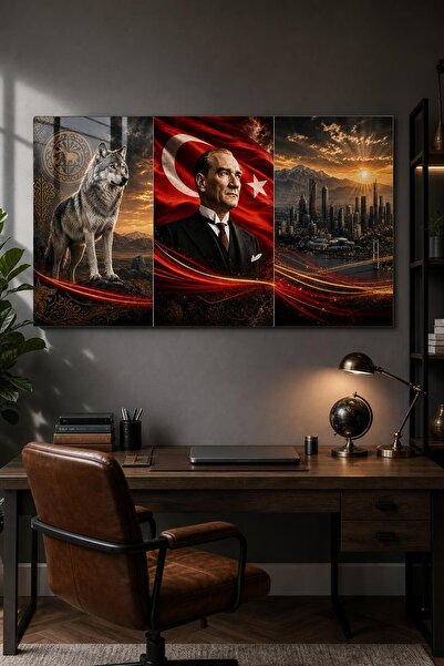 Mythog Atatürk Türk Bayrağı Bozkurt Baskılı Cam Tablo – UV Baskı Dekoratif Du...