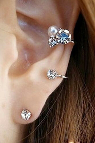 VeeShop Ear cuff earring for both ears, twisted wire with crystals and pearl