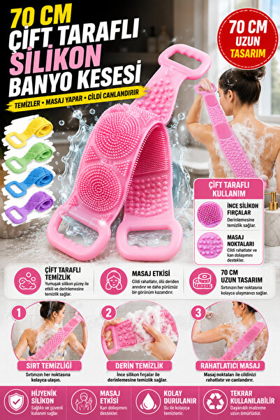 Hane Dostu Çift Taraflı Silikon Banyo Sırt Kesesi 70 cm Masaj ve Vücut Temizl...