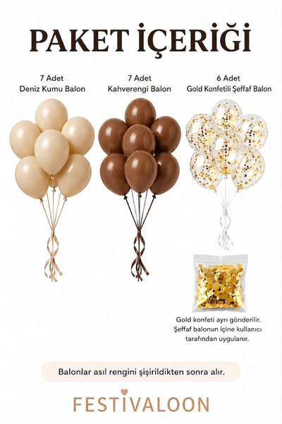 FESTİVALOON Engagement Ornaments Balloon Set 20-Piece Brown Sea Sand Gold Confetti Transparent Balloon Set 11 Inch Party Balloon