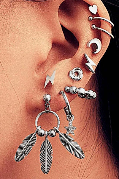 VeeShop Top Bottom Set of earrings and ear cuff with heart, feathers, lightni...