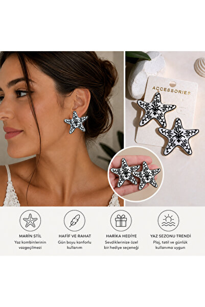 MODA أقراط MaisonLune باللونين الأسود والأبيض على شكل نجم البحر، أقراط كبيرة ...