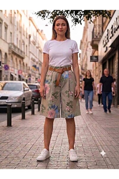 AYASOFYA OTANTIK Women's Italian Elastic Waist Floral Patterned Belted Capri ...