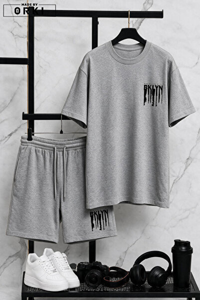 EFFRENATU Bklyn Printed Cotton Fabric Unisex T-Shirt-Grey Shorts Set