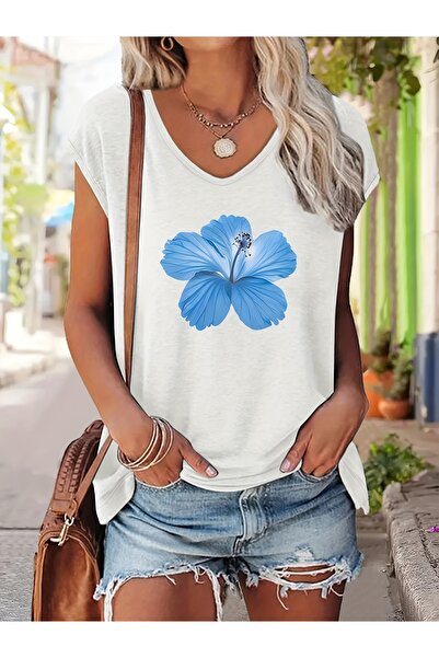 Deocept Women's Mix Printed V-Neck Sleeveless Regular Fit Comfortable T-Shirt