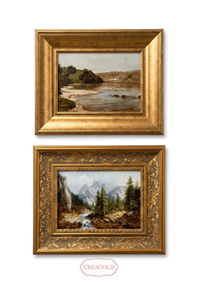 CREAGOLD Rivière Royale – Vintage Gold Çerçeveli 2'li Manzara Tablo Seti