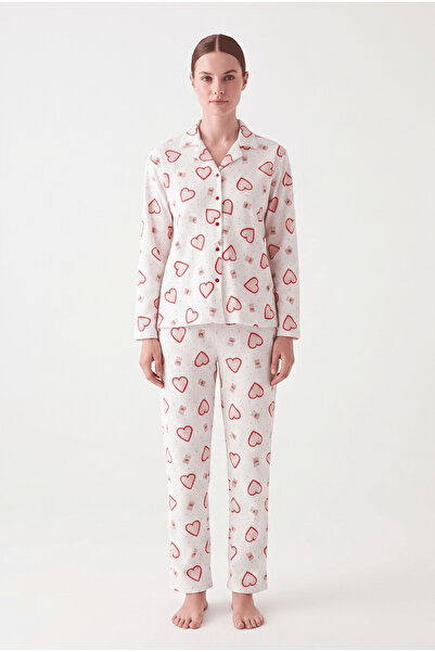 FAMES PİJAMA Buttoned front waffle fabric white large heart pattern seasonal ...