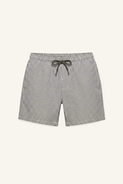 DeFacto B7535Axkh172 Khaki Elastic Tie Waist Striped Short Length Mesh Lined ...