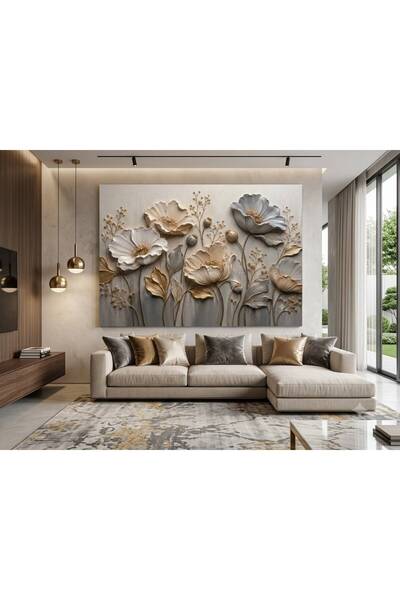 zeyrada Premium Modern Dekorasyon Kanvas Tablo Çiçek ve Altın Detaylı - 3D Ka...