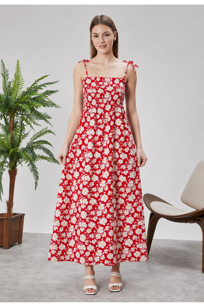 exxitcollection Patterned Cotton Long Summer Red Floral Print Women's Dress -...