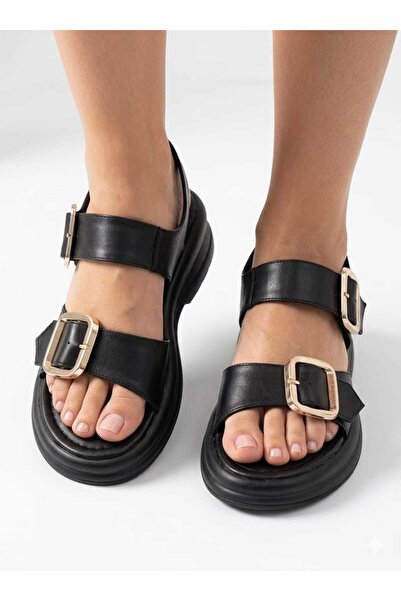 DX AYAKKABI Dx Women's Black Double Strap Buckle Sandals