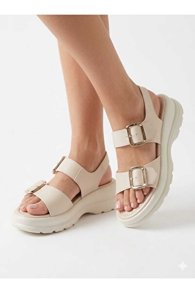 DX AYAKKABI Dx Women's Beige Double Strap Buckle Sandals