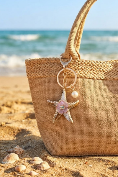 Jaida Moda Women's Starfish Figured Keychain with Flower Detail and Bag Charm