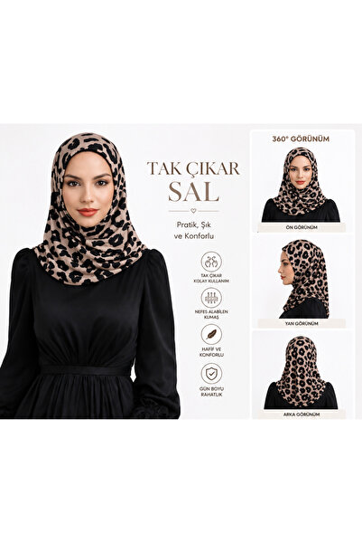 Polikromi Women's Leopard Patterned Non-Slip Ready-To-Wear Hijab Shawl