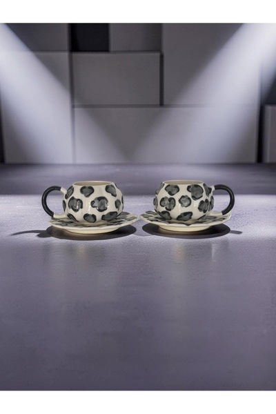Çiporcal Kabak kupa gri Dalmaçyalı 2li tabaklı kupa takımı el dekoru seramik mug
