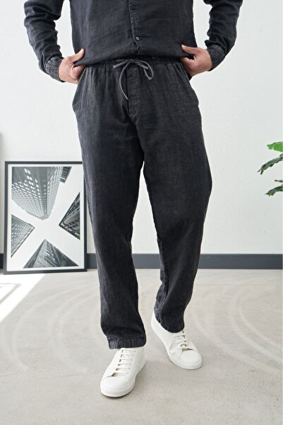 duo fideles Men's Linen Relaxed Fit Elastic Waist Lace-Up Trousers